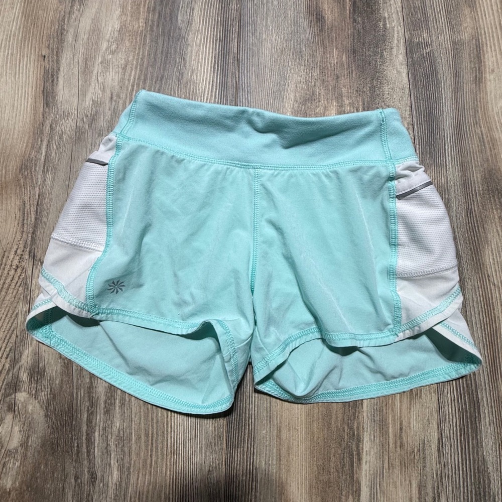 Athleta Girl Aqua Blue White Mesh Running Shorts Size S 7 Zipper Pocket Active‎